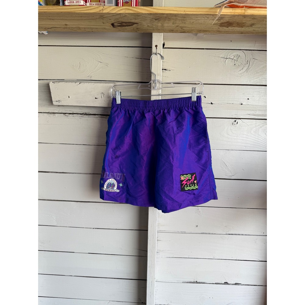 Vintage Surf Style Maui Hawaii Iridescent Purple Windbreaker Shorts 90s Retro